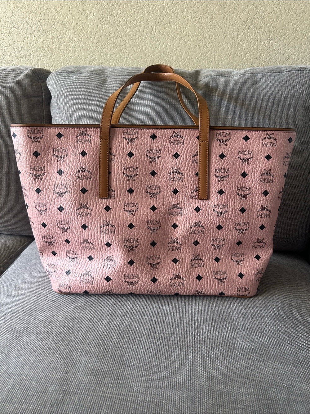 MCM Pink Monogram Tote with Brown Leather Trim - Picture 3 of 10